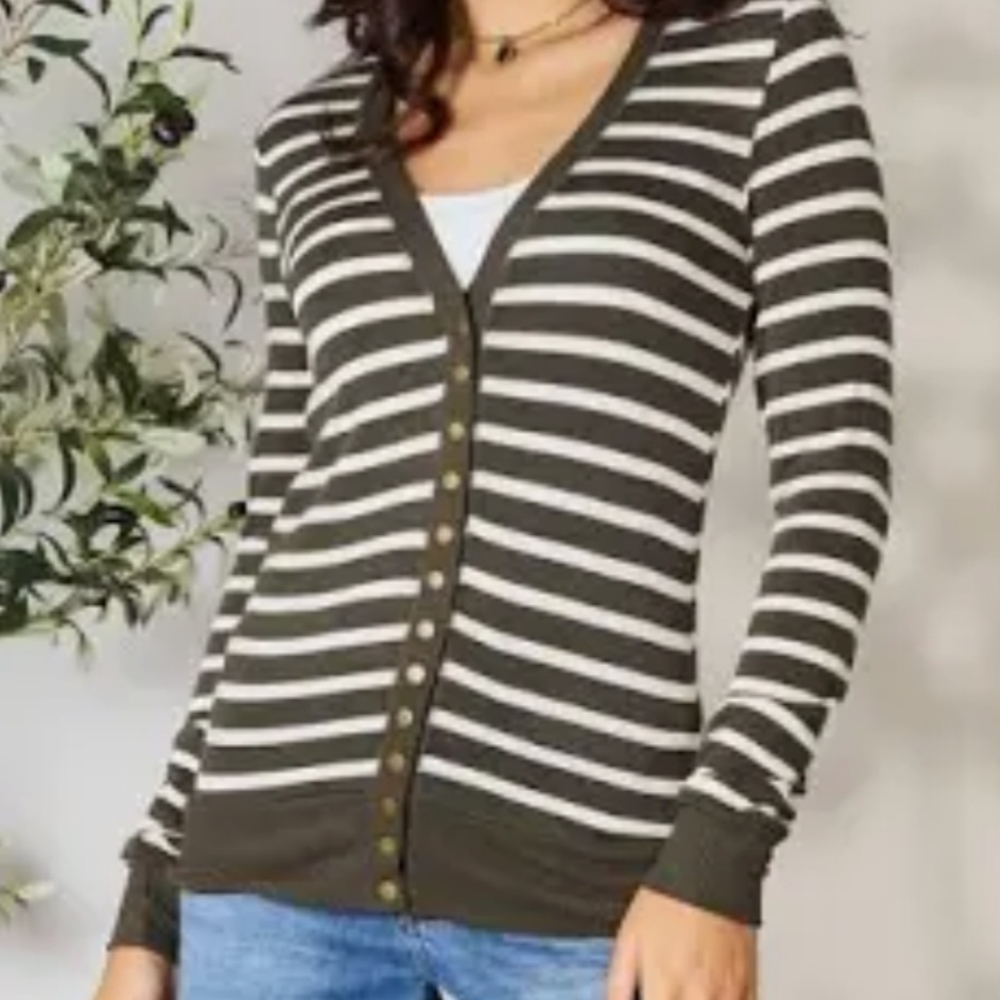 ZENANA STRIPED BUTTON DOWN CARDIGAN